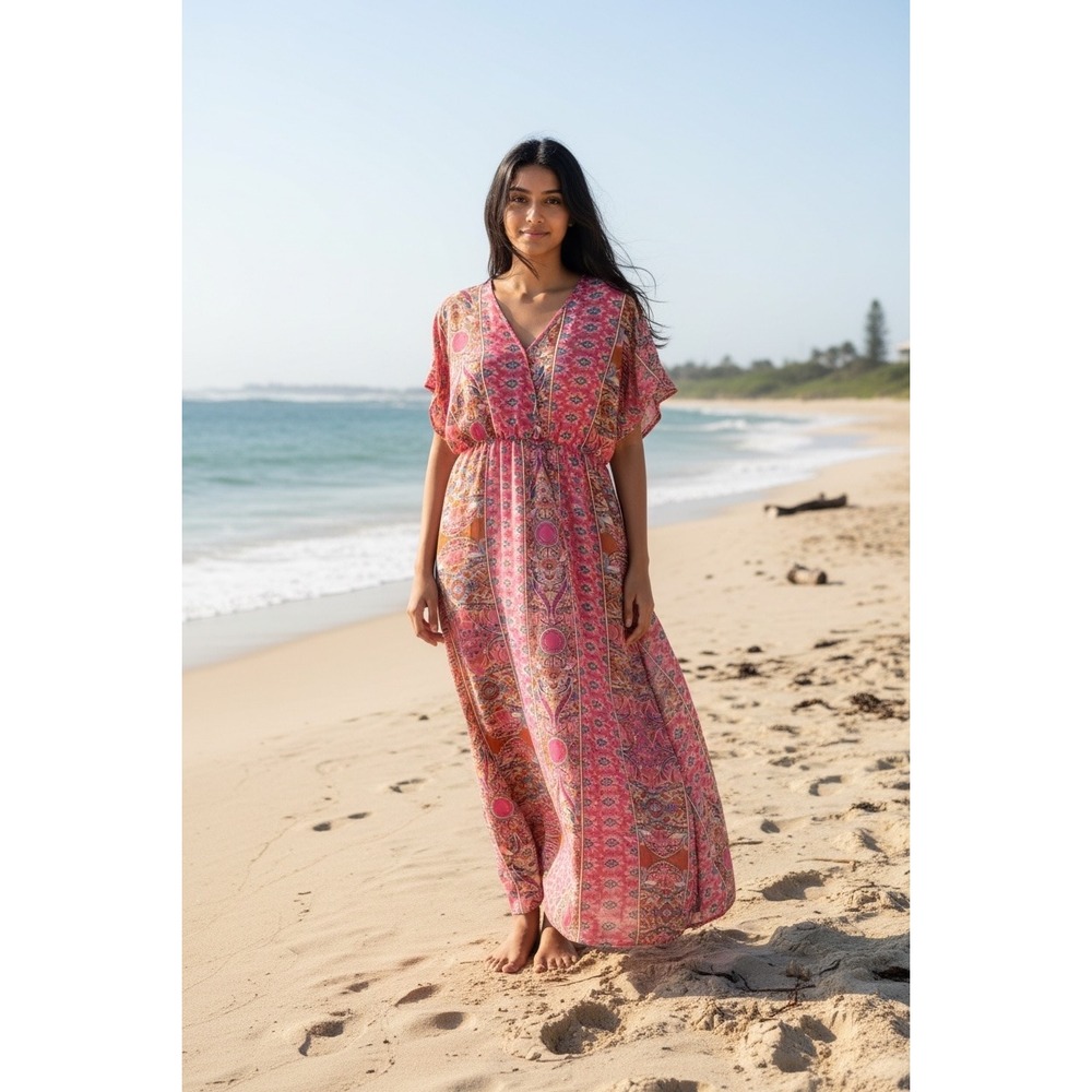 Cupshe Pink Paisley Floral V-Neck Maxi Dress Short Sleeve Boho Beach Slit NEW